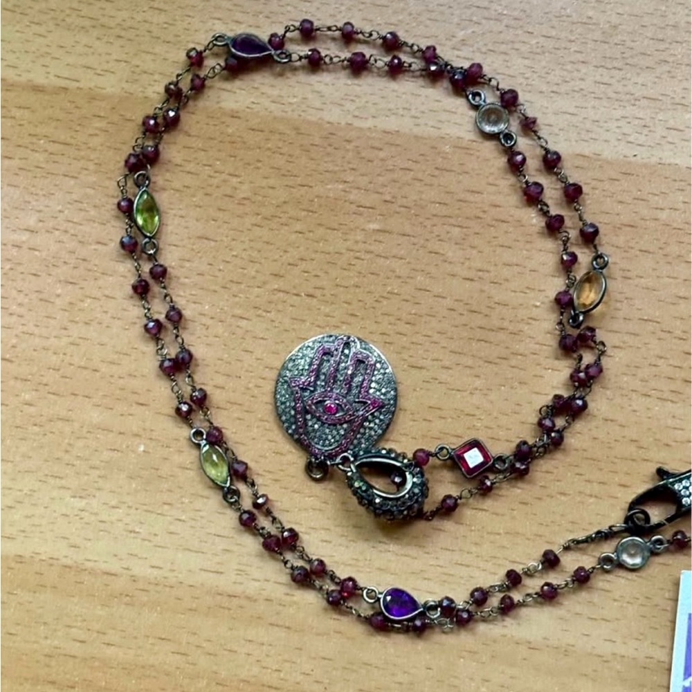 Elegant Multi-Color Gemstone Necklace with Hamsa